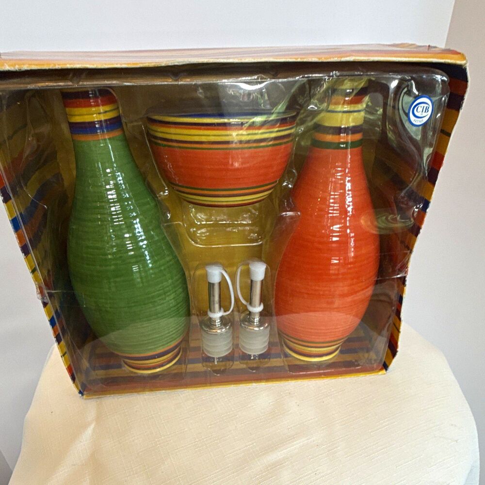 Certified International Ceramic Oil & Vinegar Cruet Set w Bowl - MCM Style